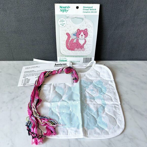 Neat & Nifty Janlynn Quilted Baby Bib Stamped Cross Stitch Kit-Pink Kitty 143-10 - Picture 2 of 5